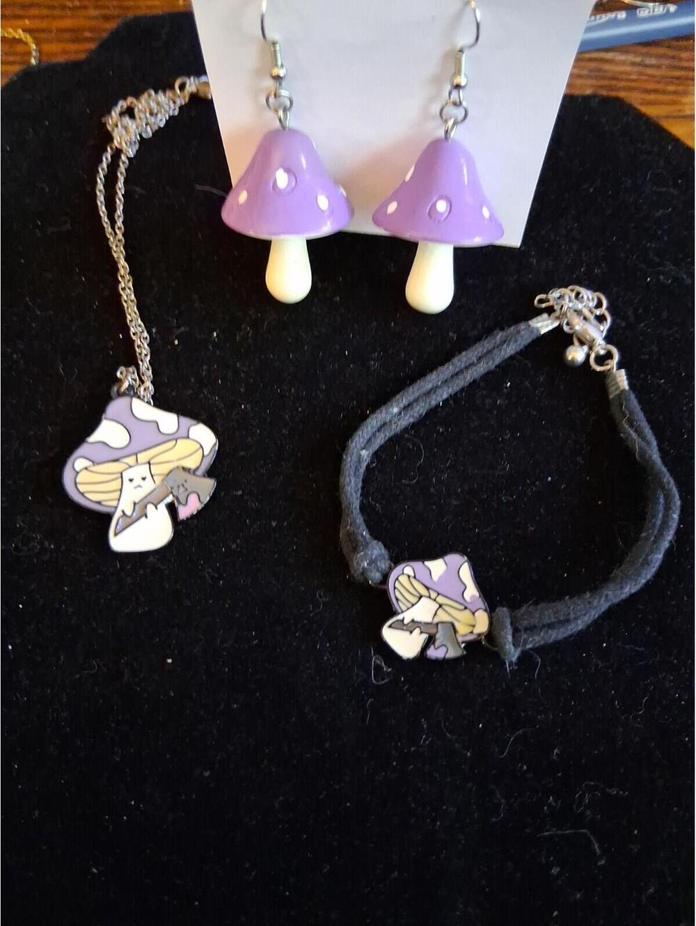 Tiny Purple Mushroom Dangle Earring Axe Mush Necklace Bracelet Fairycore Jewelry